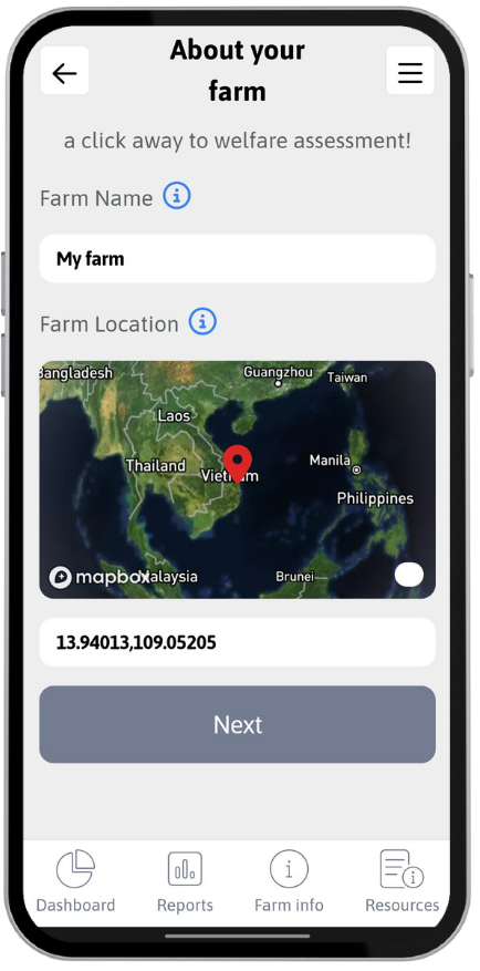 Tilapia Welfare App screen showing the menu to set up the tilapia farm including name, and the farm geographical location.